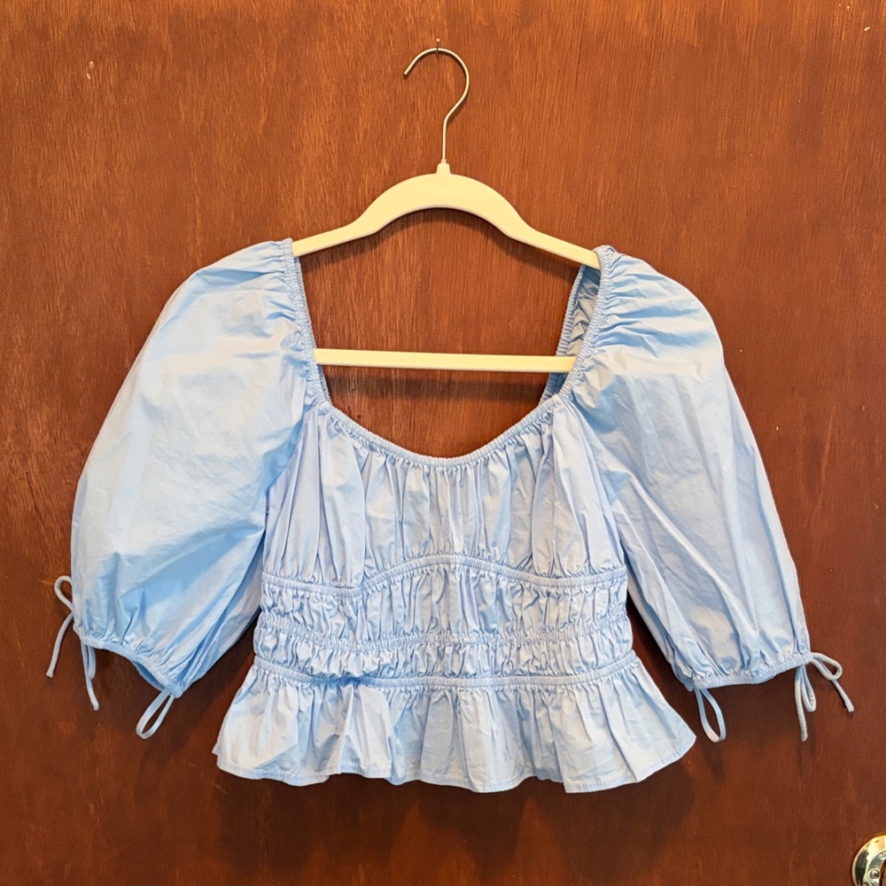 STAUD Light Blue Puff Sleeve Peplum Blouse